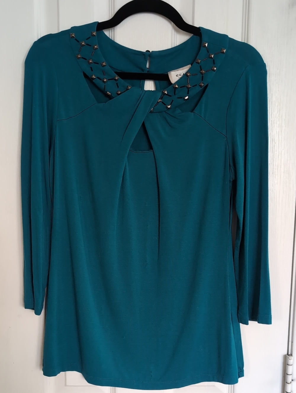 Teal Embellished Neckline Long-Sleeve Women's Top